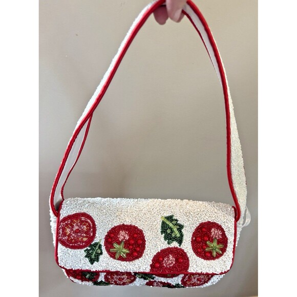 Handcrafted In India Handbags - Beaded Tomato Bag Handcrafted In India NEW w/tags Viral Tiktok Red White 10x6"